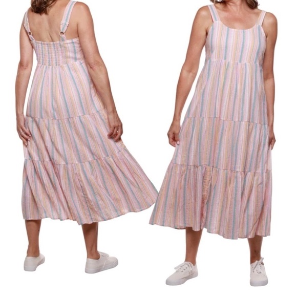 Metallic Sun Dress PINK Aqua Multicolored Tiered Lined Flowy Crepe Prairie Dress - Picture 14 of 14